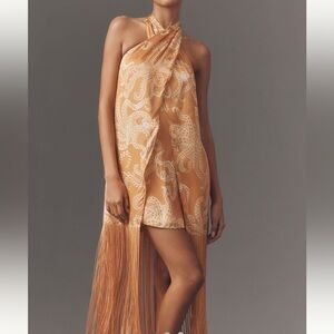 New FARM Rio x Anthropologie Halter Fringe Satin Mini Dress